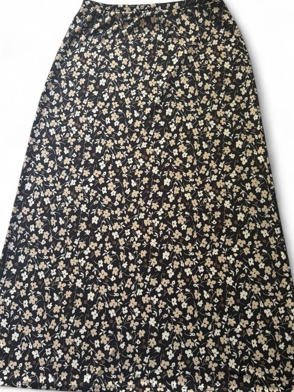 Vintage 90s Floral Black A-Line Midi Skirt - Black/Cream